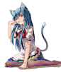 #东方project#
#比那名居天子#
1girl animal_ears black_legwear blue_hair cat_ears cat_tail highres hinanawi_tenshi ibuki_notsu licking_lips light_smile long_hair no_hat one_eye_closed pantyhose paw_pose red_eyes simple_background sitting solo tail touhou whiskers w