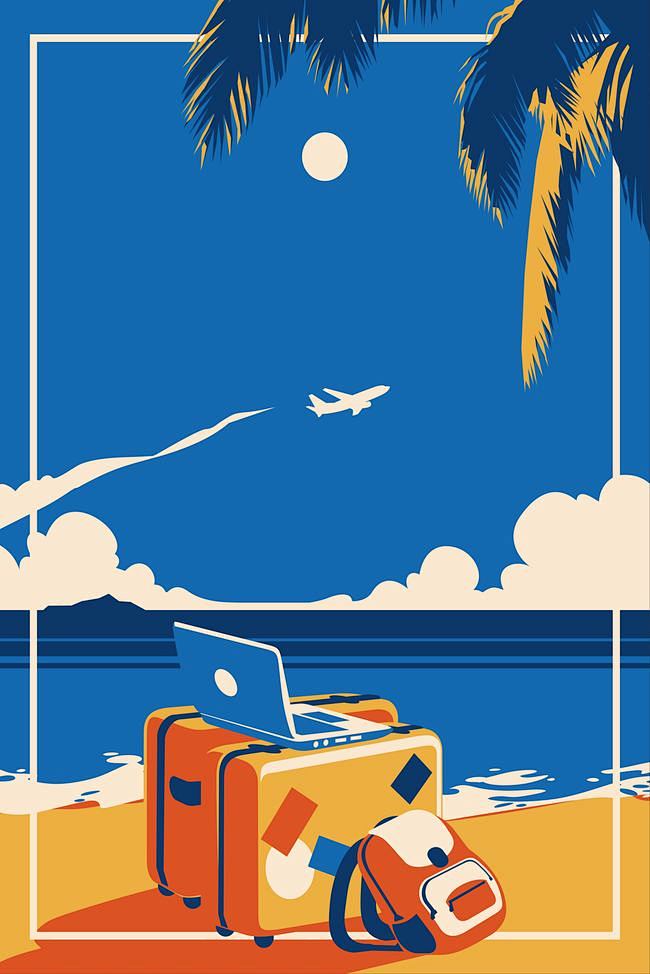 蓝色卡通矢量大海夏季旅游海报背景素材