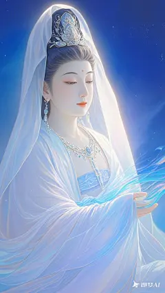 彩铅插画，特写，精致刻画，流畅的线条，梦幻感，绝美的白衣观音菩萨，闭目安详，白纱半遮面，飘渺感，清冷感，柔光，蓝色背景，梦幻光影，色彩弥漫，弥散光影，色彩弥散，极简风格，古风 (4)
