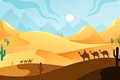卡通自然风景出游旅游秋季撒哈拉沙漠生态环境保护骆驼矢量插画图片下载