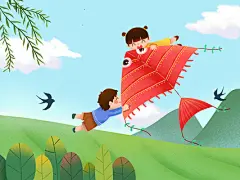 原创手绘风筝和儿童插画海报