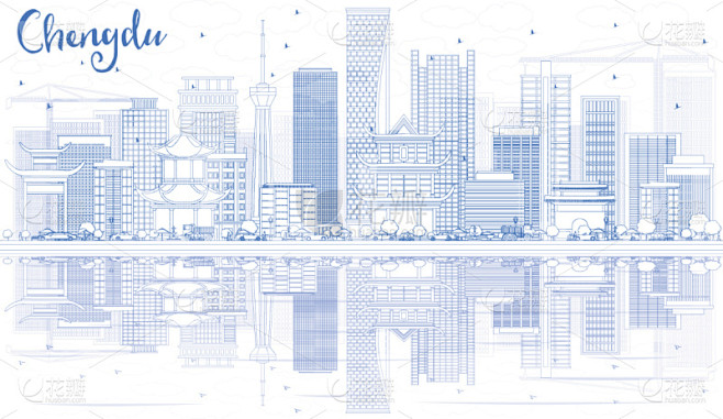 成都,城市天际线,轮廓,建筑外部,蓝色,四川省,轮廓线画,商务,城市生活,云