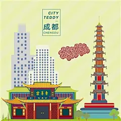 手绘成都青羊宫著名景点建筑插画矢量图片