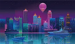 免注册|免会员 - 未来科技科幻霓虹灯渐变绚丽城市建筑夜景灯光插画AI/PSD设计素材