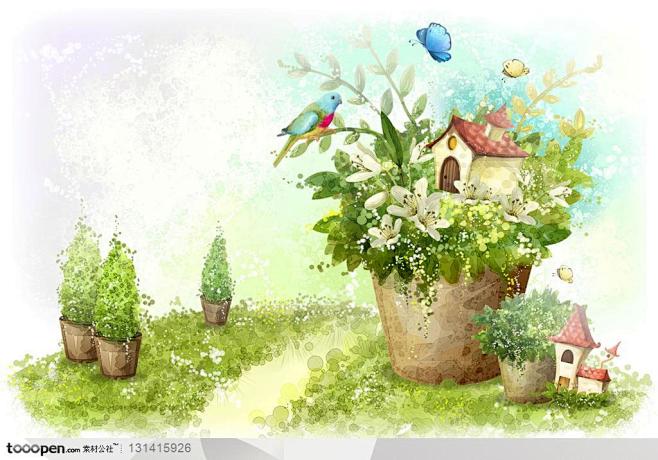 手绘背景底纹-彩绘背景上的建在花篮上的房...