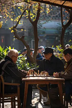 老人养老生活户外下棋图片