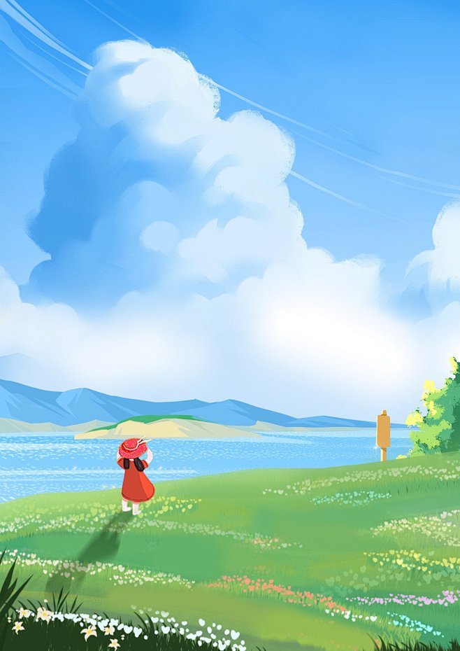 手绘卡通风景插画背景