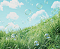 Design an illustration of grass with a green and blue sky background, bubbles floating in the air, light colors, green plants on top of a hillside in a fresh style with a simple composition rendered in C4D.