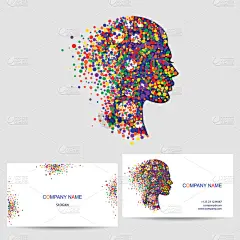 矢量图标设计徽标元素与名片模板。女人头上白色背景的彩色圆圈孤立.