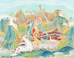 七色鹿 动物 国风 插画海报