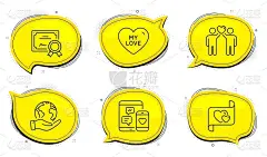 社交媒体，《老友记》情侣和《我的爱》偶像集。情书的迹象。移动设备，友谊，甜蜜的心。向量