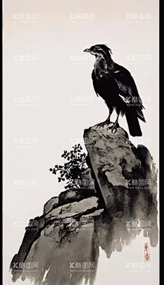 国画山鹰图  - 源文件下载【酷图网】国画,奇石,山崖,山鹰,老鹰,水墨画,苍松,鹰,鸟,中国风,高清壁纸,手机壁纸,PNG,