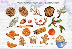 冬季水彩手绘PNG免扣元素合集包 Watercolor Winter #2127534 :  