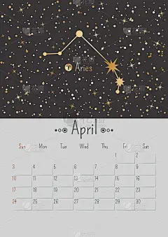 矢量垂直2022年4月日历与金色黄道星座和星星在黑色背景。A3, A2海报与星座。规划师与线性插图和