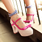 2013春季新款甜美蝴蝶结舒适粗跟可爱粉色单鞋防水台色拼接女鞋