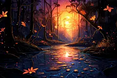 夕阳神秘热带密林的插画