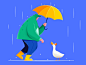 Mr. Duck In The Rain bird hat outdoor dinosaur help umbrella blue rainy rain drop water goose duck man people character website web ui illustration