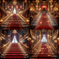 A staircase with a red carpet leads to a magnificent window adorned with golden decorations and dramatic lighting, while the staircase is decorated with golden railings and velvet ropes. The curtains hang down, and the stage is bathed in dramatic lighting