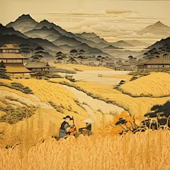 水稻麦穗，田地，梯田，#AI插画#