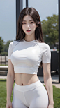  ((Realistic lighting, Best quality, 8K, Masterpiece: 1.3)), Clear focus: 1.2, 1girl, Perfect beauty: 1.4, Slim abs: 1.1, ((Dark brown hair)), (White crop top: 1.4), (Outdoor, Night: 1.1), Park view, Super fine face, Fine eyes, Double eyelids,