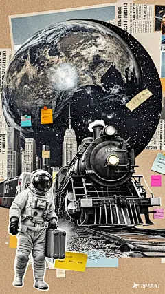 画面中央是一列蒸汽火车，城市，背景一颗巨大的地球，星空，星球，黑白拼贴风格的的宇航员拿着行李箱，报纸，胶带，贴纸，便利贴，手写字，彩色和黑白，彩色卡纸，复古超现实主义风格与复古拼贴相结合，不同纹理不同