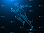 跑人与破坏效果低聚艺术。运动或马拉松跑多边形矢量插图上的蓝色背景。
