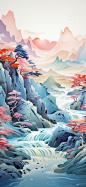 一幅山水3D水彩插图