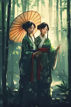手绘唯美竹林中的汉服女生人物插画