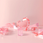 Light pink background, clean background, heart shaped crystal transparent body, crystal is smooth, two ribbons on the ground, product rendering , 3D ar 16:9