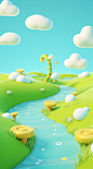 an imaginary pathway through a green expanse, in the style of cute cartoonish designs, rendered in cinema4d, light sky-blue and gold, soft and rounded forms, vivid landscapes, stephen hillenburg, physically based rendering