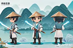 生成ip形象设计 手绘 Q版 手绘 插画 矢量 漫画  背景简单 细节丰富  三视图 正视图 侧视图 后视图 主体是诗仙李白 身份是侠客 穿着古风的衣服 带着斗笠 拿着宝剑 侠客装扮 (1)