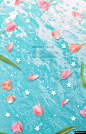 蓝色水面漂流花瓣郁金香花春季海报模板平面设计