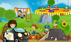 操场上和孩子前五颜六色的卡通场景建筑糖果店-儿童插画