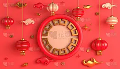 2022年中国新年背景与灯笼，中国金币，框架，复制空间文本，3d渲染插图
