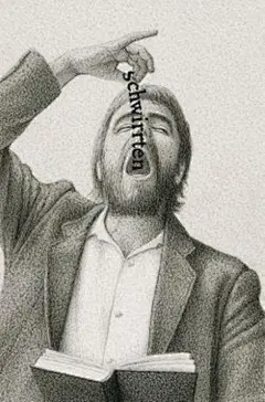  超现实插画：书与人
by昆特·布赫兹
路唯·哈为这幅画写下了《科尔史特巴赫的诗人》一文。
    两人还有一个大大的不同：在马格里特手巾，时间被抽空了，一匹飞驰的骏马，看上去也酷似一具标本；而在布赫兹那里，哪怕是桌子上好端端的一杯水，也让人担心它会马上蹦起来飞出窗外。