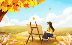 卡通手绘秋天的枫叶插画枫树下写生的女孩原创插画海报