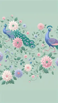 在坚实的薄荷绿色背景上淡蓝色、绿色和紫色的孔雀壁纸图案。壁纸上应该有最小的葡萄树和柔和的粉红色大丽花交织在一起。图像应简单且具有开放空间。