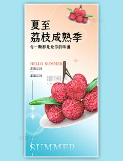 你好夏至荔枝成熟季蓝色3D弥散渐变全屏海报