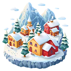 冬天山村雪村山村雪山冬天小镇-雪山村庄插画，有红顶房屋、绿树成荫的街道和白色教堂