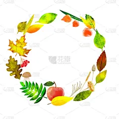 水彩花圈秋景:树叶、苹果、蘑菇、荚蒾、小穗、酸浆花上一片白色