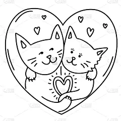 手画恋爱中的猫。可爱的猫和女猫互相拥抱，爪子里抱着一颗心。情人节。画心形的猫。黑色轮廓孤立在白色背景
