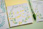 柠檬黄色的水彩花环请柬 By @227号纸品定制 : 水彩手绘花环图案搭配手写字体，清新的配色风格很适合色彩明快的户外婚礼。
