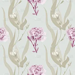 矢量方形花无缝模式与康乃馨，红色，酒红色的花，芽，卷曲的枝，绿色的茎，灰色绿色的背景，数字绘图插图，
