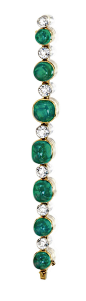 CABOCHON EMERALD AND DIAMOND BRACELET, CARTIER,  NEW YORK, 1923.  Cabochon emeralds weighing approximately 70.00 carats, old European-cut diamonds weighing approximately 9.50 carats, mounted in 18 karat gold and platinum, length 6¼ inches, engraved on two