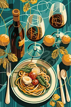 美味番茄意面西餐插画