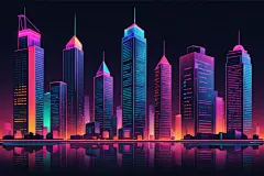 简约夜晚霓虹城市建筑风景插画