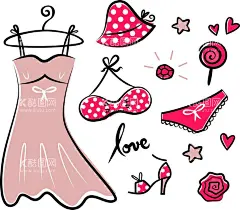 彩绘夏日 女性服饰  - 源文件下载【酷图网】彩绘女装,夏日服饰,衣裙,衣架,比基尼,高跟鞋,心形,玫瑰花,棒棒糖,星星,钻石,太阳帽