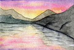 水彩画山与日出，日落湖。丁香紫色的天空。山地景观,山。水彩手绘。国际山地的一天。水彩画山的明信片。