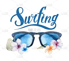 手绘水彩海洋冲浪集。热带海滩度假