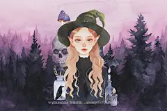 恐怖神秘万圣节魔法女巫水彩绘画手绘插图插画png免抠图片素材下载_颜格视觉